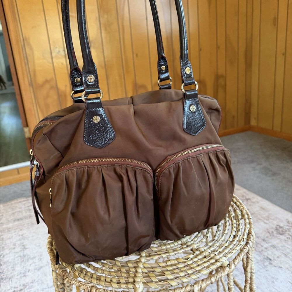 MZ Wallace Brown Nylon Leather Large Top Handle Tote Bag